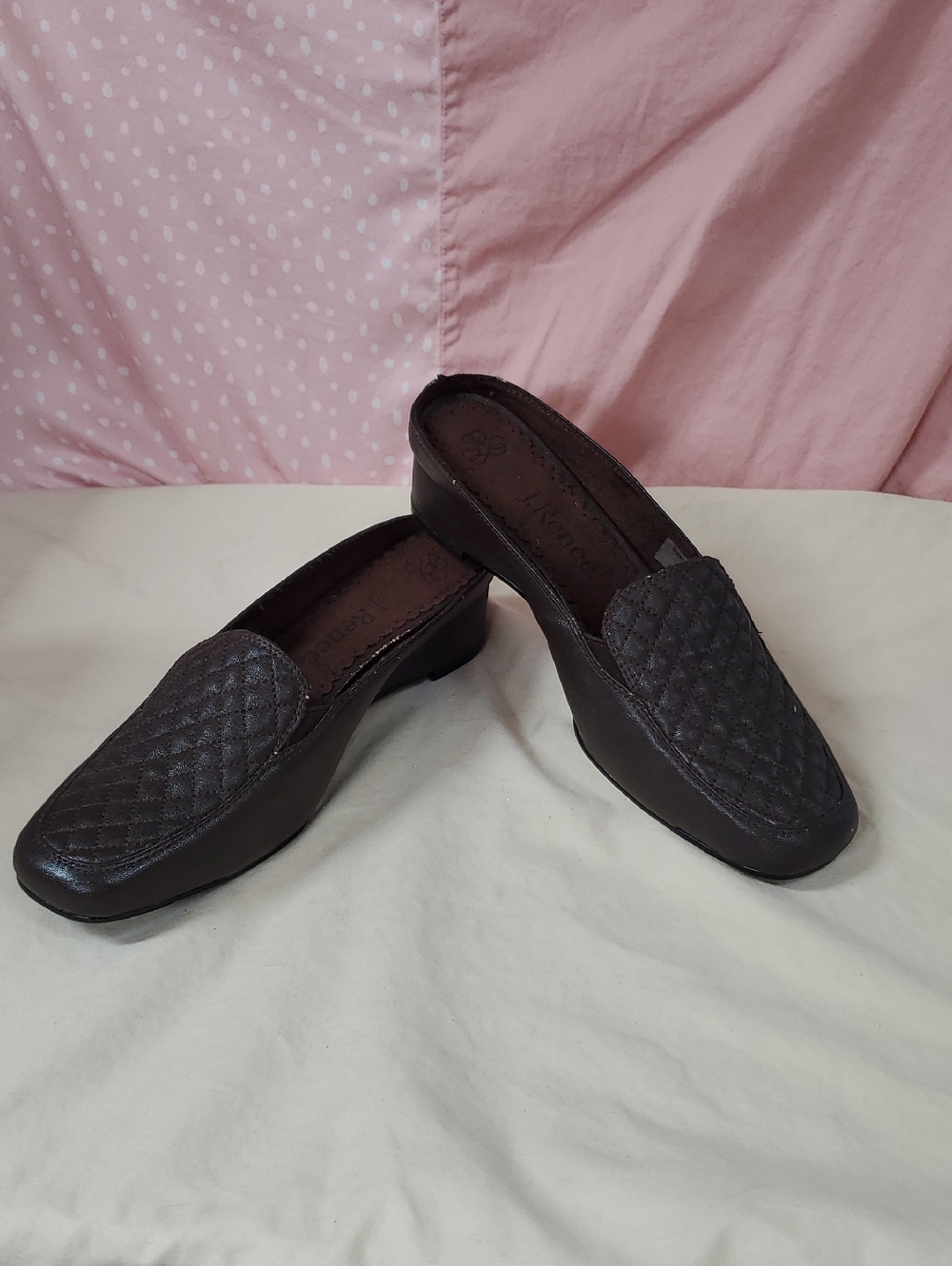 Womens Size 7 J.Renee Quilted Dark Brown Leather Slip-On Mules